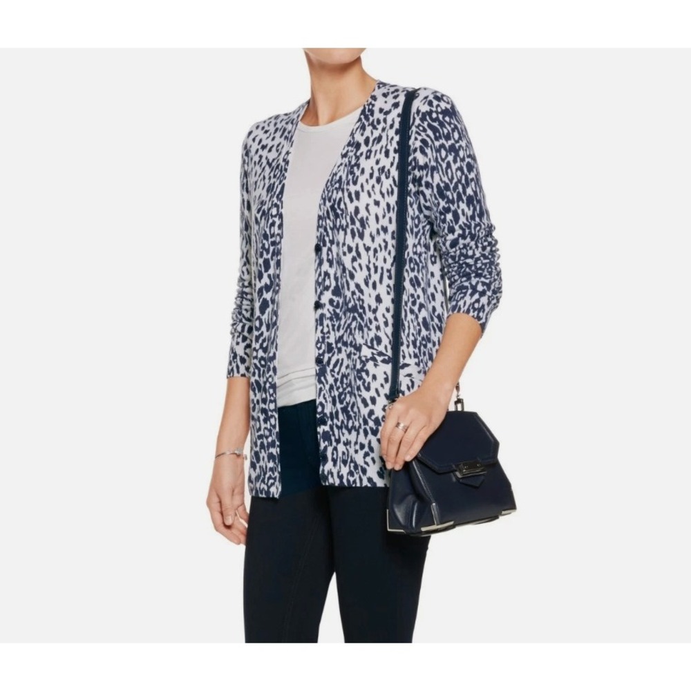 Equipment Sullivan Leopard‎ Print Cashmere Cardigan in Ivory/Peacoat Sz XS